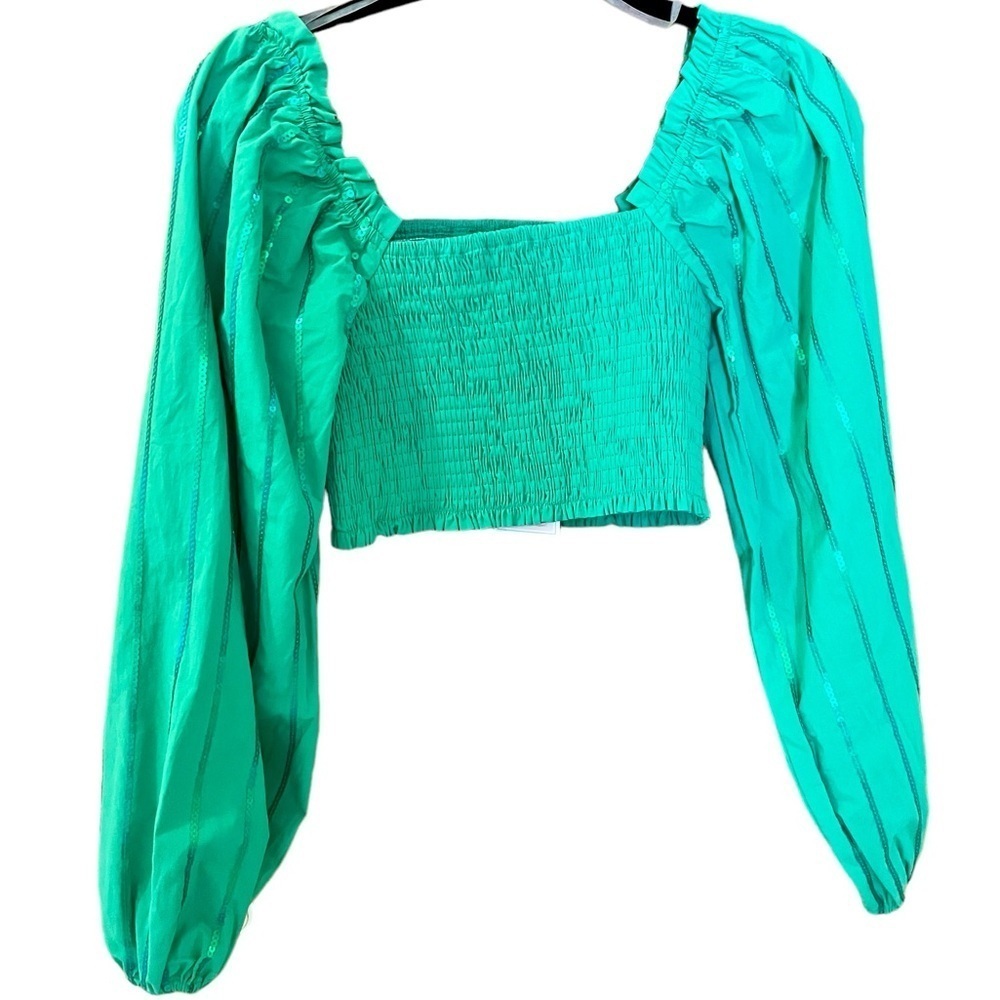 Mainstrip Sequin Smoking Crop Top, Size M, Green, Shirred Top, Long Slee… - Picture 3 of 10